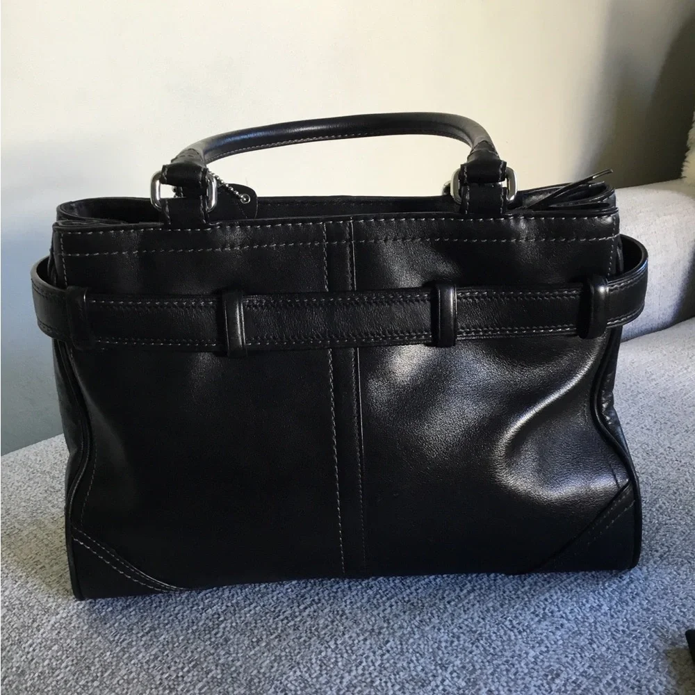Coach Black Leather Top-Handle Satchel with Silver Hardware